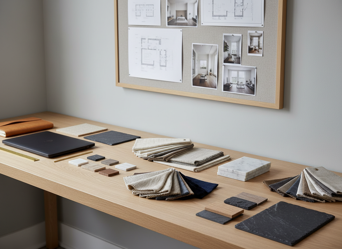 An elegant workspace designed for an interior design studio, captured in clean photographic realism. A long, light oak desk supports neatly fanned-out material boards with fabric swatches, paint chips in warm neutrals and deep blues, and small samples of stone and wood. A sleek, matte-black laptop sits closed beside a leather-bound notebook and a brass ruler. Behind, a soft grey wall hosts a large, framed moodboard filled with architectural sketches and layout plans, slightly out of focus. Diffused daylight from an unseen window creates a serene, even glow, highlighting textures without harsh contrasts. Shot from a slightly elevated angle with shallow depth of field, the composition feels organized, professional, and sophisticated, reflecting meticulous project management in interior decoration.